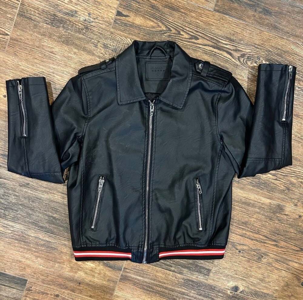 Blank NYC Women's Faux Leather Bomber Jacket with Racing Stripes